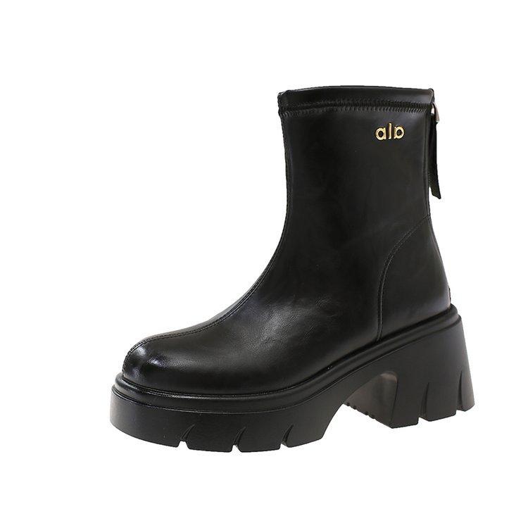 Dadong fashion boots women's shoes 2025 winter new casual thick heel rear zipper high heel round head Martin boots women