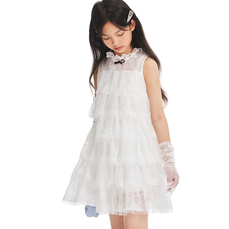 Barry Banny White Tulle Floral Lace Summer Princess Perfect for Entrance and Size 140cm Girls' Dress, Multi-Layer Style, Recitals, Weddings,