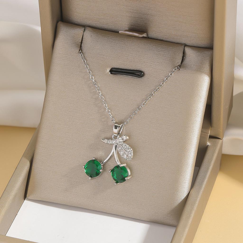 Shiny Cute Zircon Cherry Pendant Necklaces for Women Girls Stainless Steel Chain Kpop Sweet Collar Jewelry Accessories Gifts