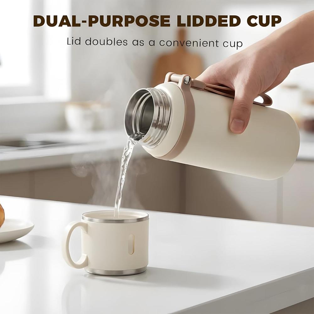 Stainless steel vacuum insulated bottle with lid, 2-in-1 stainless steel insulated cup with handle, leak-proof, large capacity.