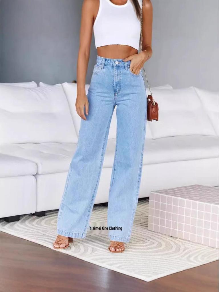 Women's 2025 New Arrival Elastic Wide-Leg Straight Denim Fashionable Washed Jeans