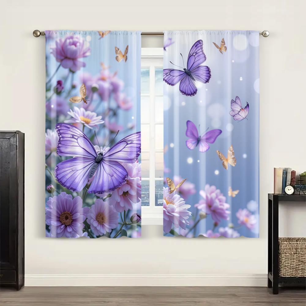 2pc,  Window Curtains butterfly pattern Versatile Polyester,Without Electricity Versatile Use for College dormitory decoration