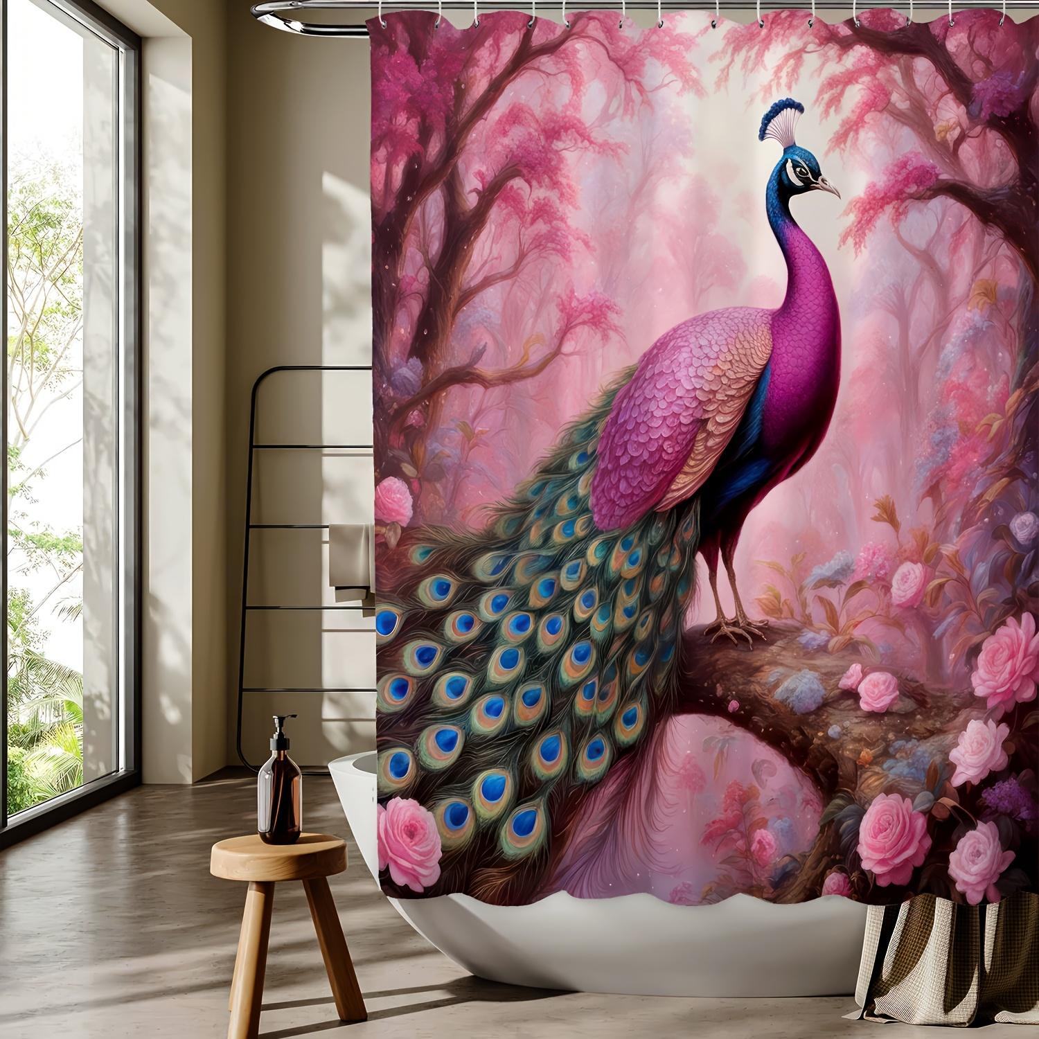 Vibrant Peacock & Floral Forest Curtain, Washable Polyester, Reversible, Hooks Included W90xH180cm
