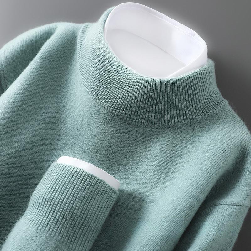 Men's Pure Wool Cashmere Knit Pullover - Autumn/Winter Half-High Neck Sweater