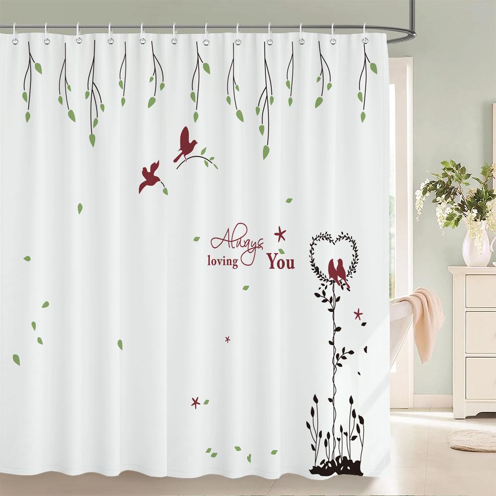 Nordic minimalist art printing Shower Curtain, Waterproof Fabric Flower and leaf Bird pattern Bathroom Curtain for Bathtub Decor