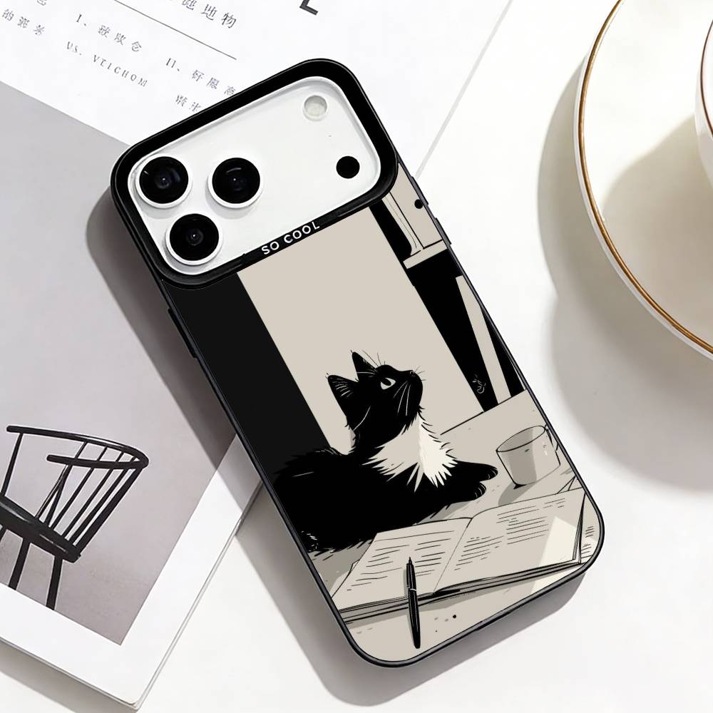 Cute Cat Art Prints Phone Case For iPhone17,16,15,14,13,12,Pro Max Black Colorful Phone Case