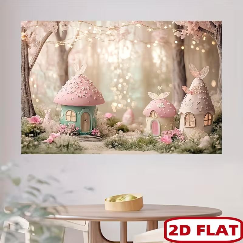 2D Pastel Fairy Mushroom Tapestry, Enchanted Forest Wall Art for Aesthetic Girls Bedroom