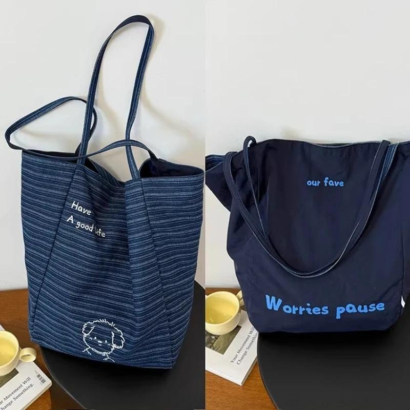 Double-sided Women's Denim Shoulder Bags Carto Embroidery Stripe Ladies Handbags Large Capacity College Girls Book Tote Bag