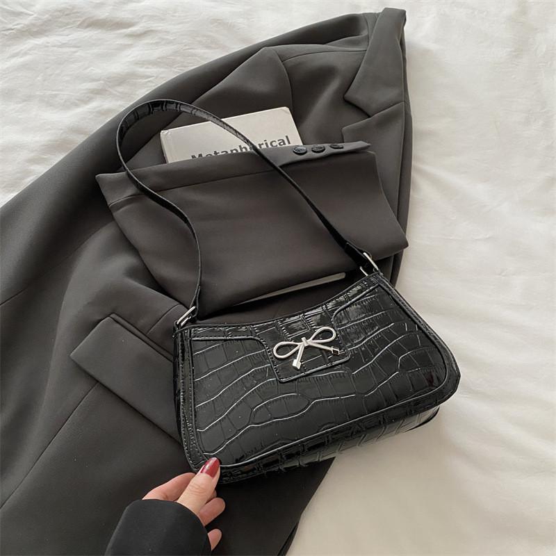 Color Simple Solid Bow Decoration Crocodile Texture Women Casual Shoulder Bag
