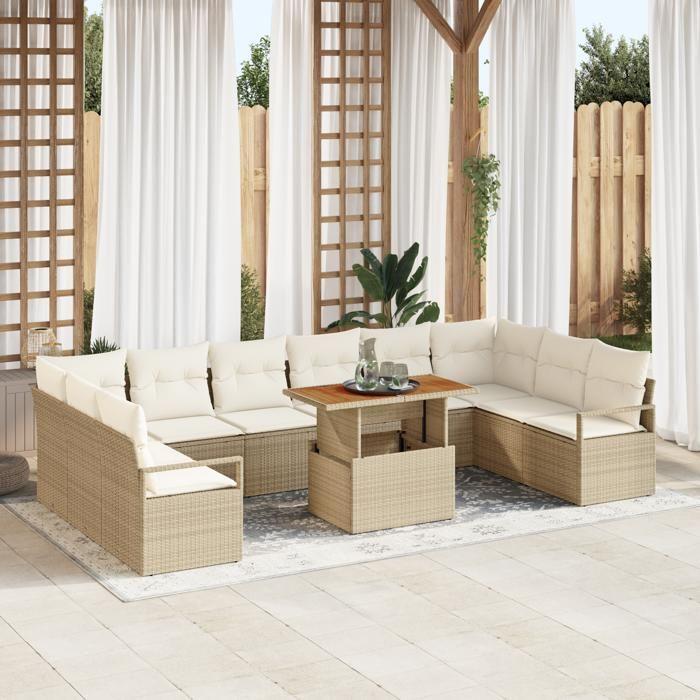 VidaXL Ensemble de canapé de jardin 11 pièces avec coussins en rotin poly beige 3349763