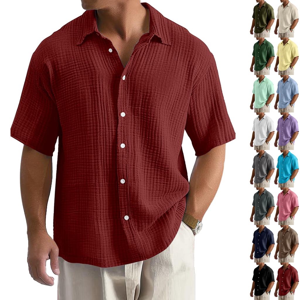 Men’s Loose Fit Casual Cotton Crinkle Texture Shirt Short Sleeve Button Down Collared Top for Everyday Wear