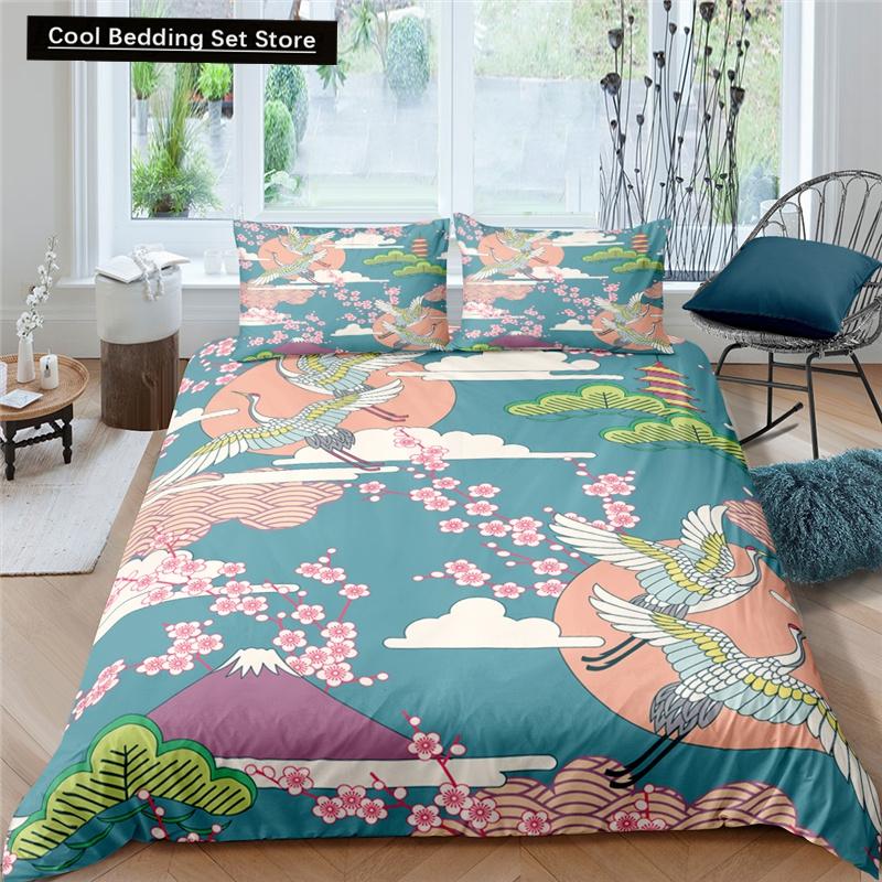 Japanischer Kranich-Bettbezug, King- und Queen-Size-Bettwäscheset mit Wellenblume im Ukiyo-e-Stil, östliche Kultur, 2/3-teilig, Polyester-Bettbezug