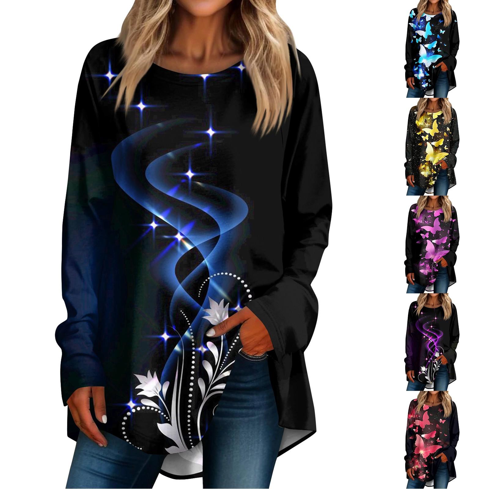 

Women s Fashion Loose Casual Round Neck Butterfly Print Long Sleeve Pullover T Shirt Top