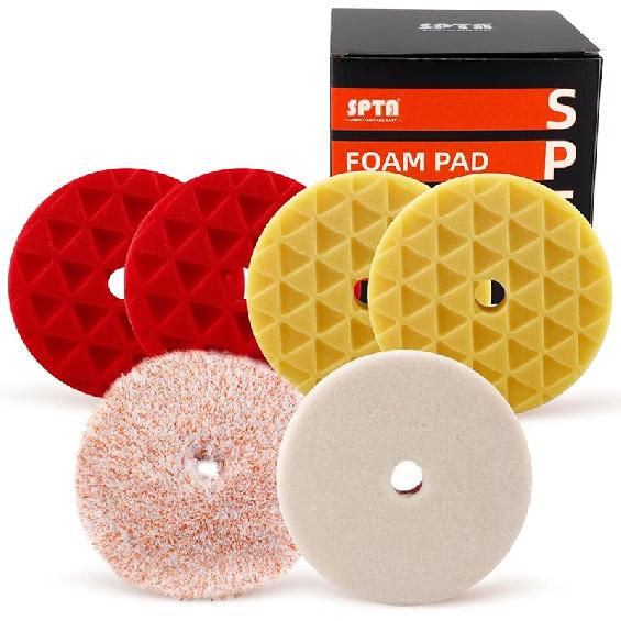 SPTA 5 Inch 125mm Body Repair Polishing Pad Set - 6 Pcs Buffing Pads with Sponge, Wool and Micro-Fiber for Car Detailing