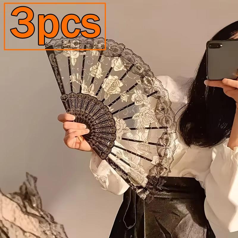 3/1pcs Vintage Lace Folding Fan Good Photography Prop Mesh Floral Rose Embroidery for Wedding Halloween Masked Ball Party Gift