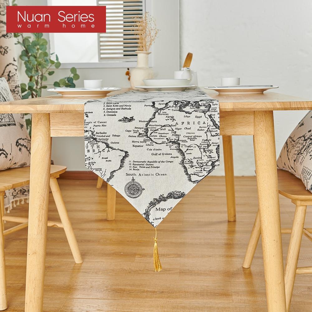 1PC Nuan Series Modern Retro Printed Tassel Decoration Cotton Linen Table Runner for Dinner Table Decor Kitchen for Home Table Home Decor