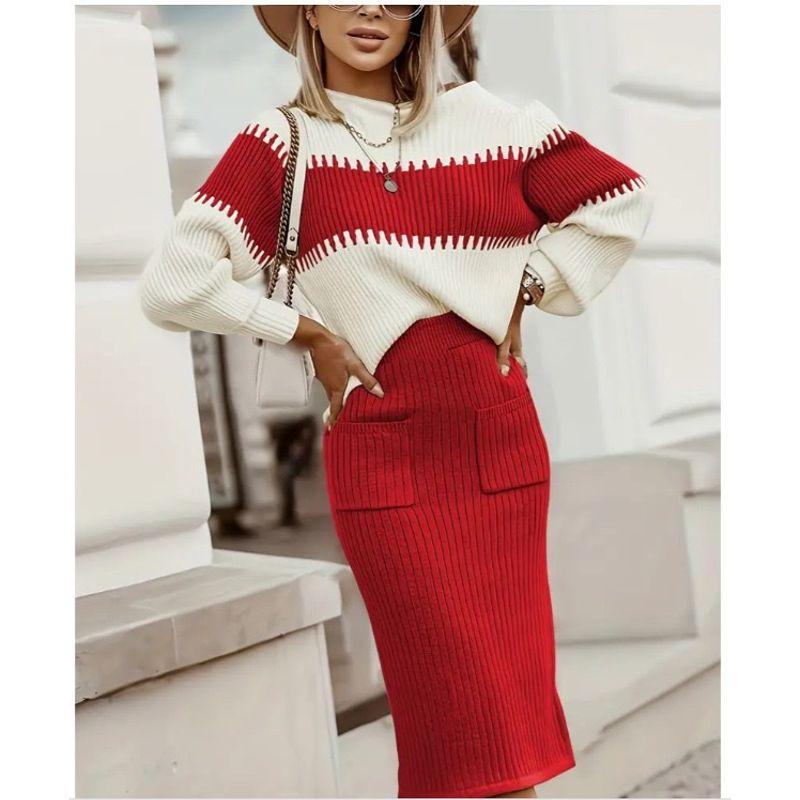 

Black Pullover Knit Set Temperament Internet Celebrity Knit sweater Skirts Black Knitted Sweater Red L