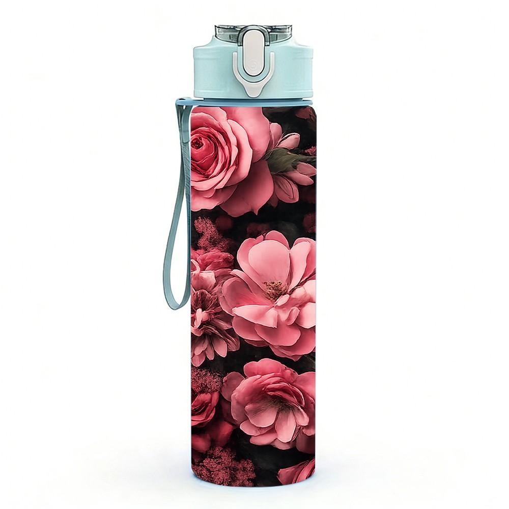 1PC Deep Red Rose Floral Cluster Print 750ml Color Plastic Sports Water Bottle Leakproof Flip Straw Lid Suitable for Sports Office Home Use