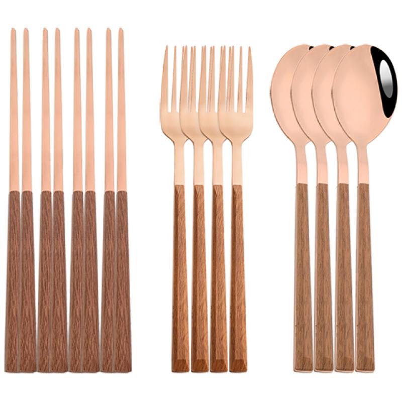 12/16Pcs Geschirr Set Nachahmung Holz Griff Besteck Set Stäbchen Messer Gabel Löffel Geschirr Set Koreanische Besteck