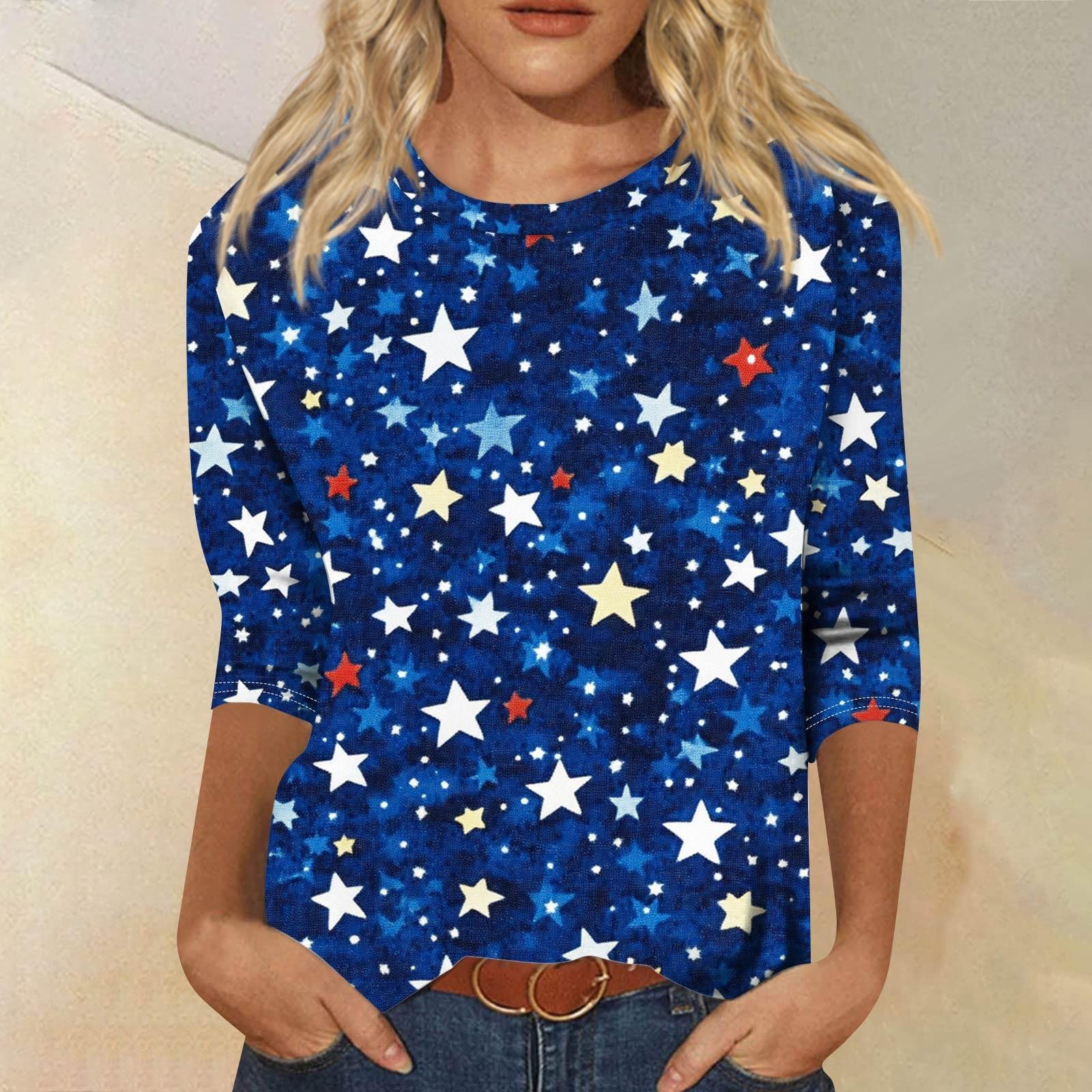 

Женская модная повседневная футболка с круглым вырезом и принтом «День независимости» с семью рукавами M синий