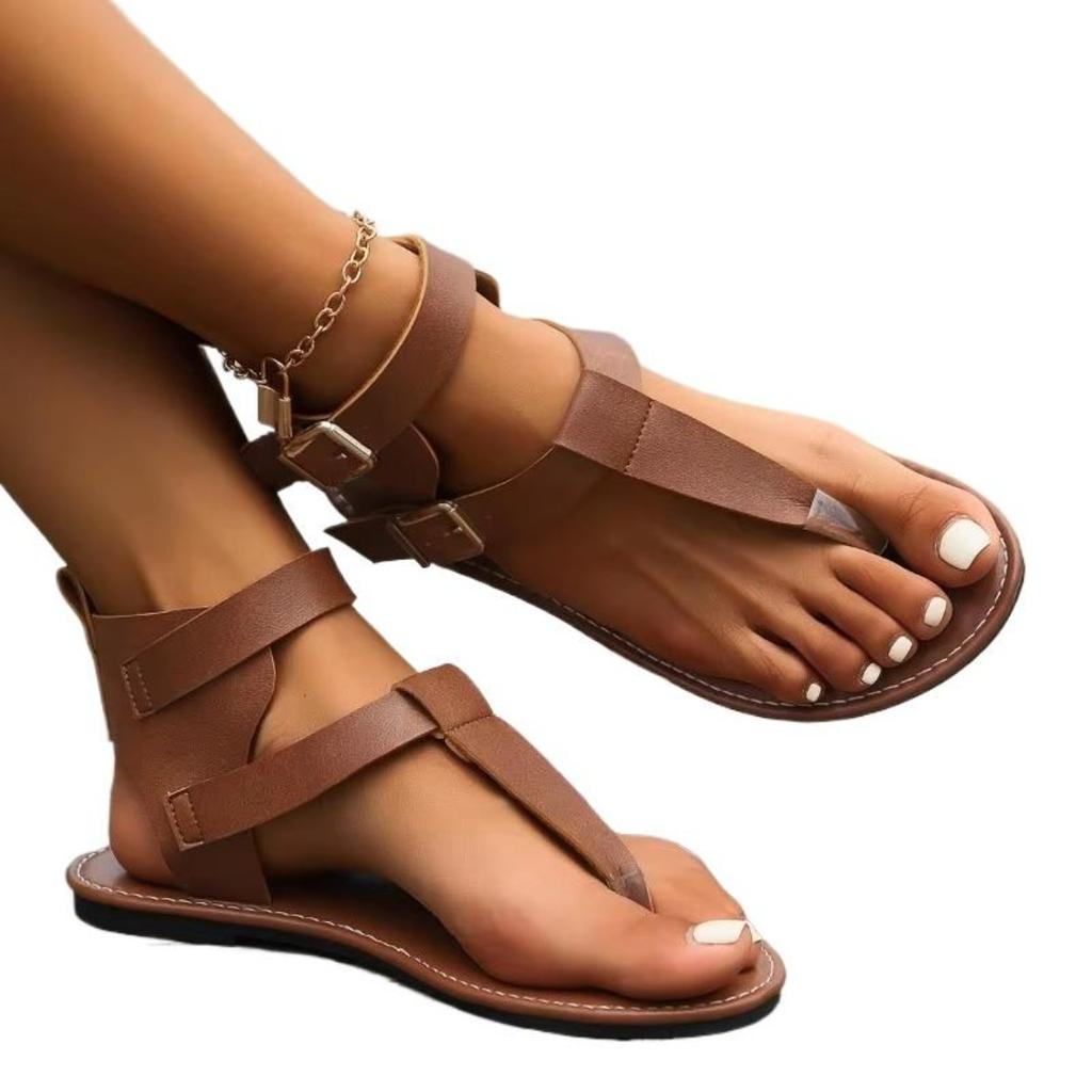 2026 Women's Summer New Vintage Solid Color Flat Sandals Fashion Leather Non-slip Outdoor Flip-flops Beach Roman Shoes Size 43