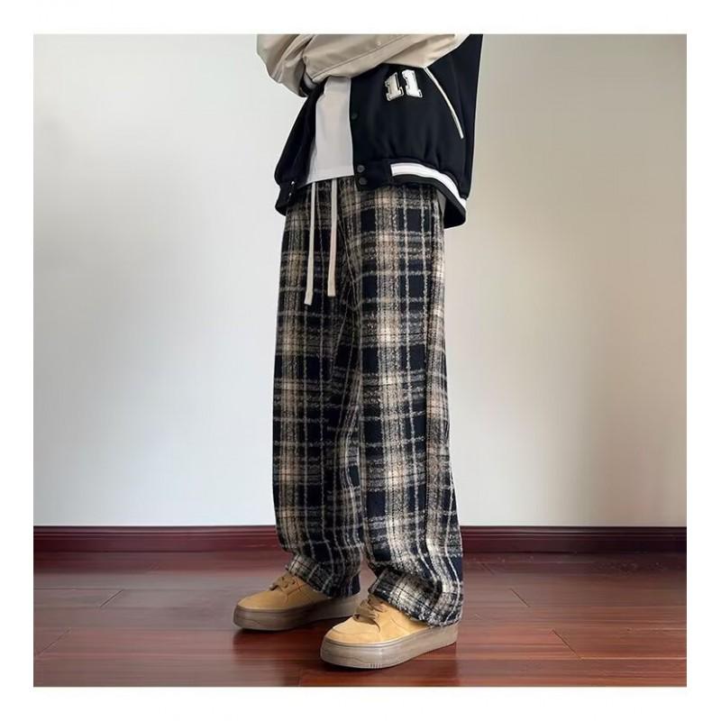 Mens Vintage Plaid Wool Blend Pants Fall Winter Fleece Lined Wide Leg Loose Casual Trousers
