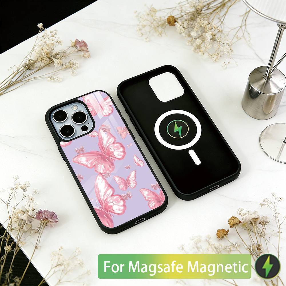 Pink Butterfly Pattern Phone Case For iPhone17,16,15,14,13,12,11 Plus,Pro Magnetic For Magsafe Wireless Charging iPhone13