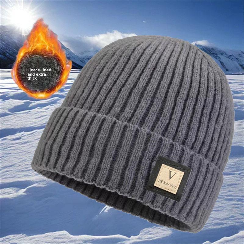 Męska zimowa gruba ciepła dzianinowa wełniana czapka z podszewką z polaru modna czapka w jednolitym kolorze w koreańskim stylu