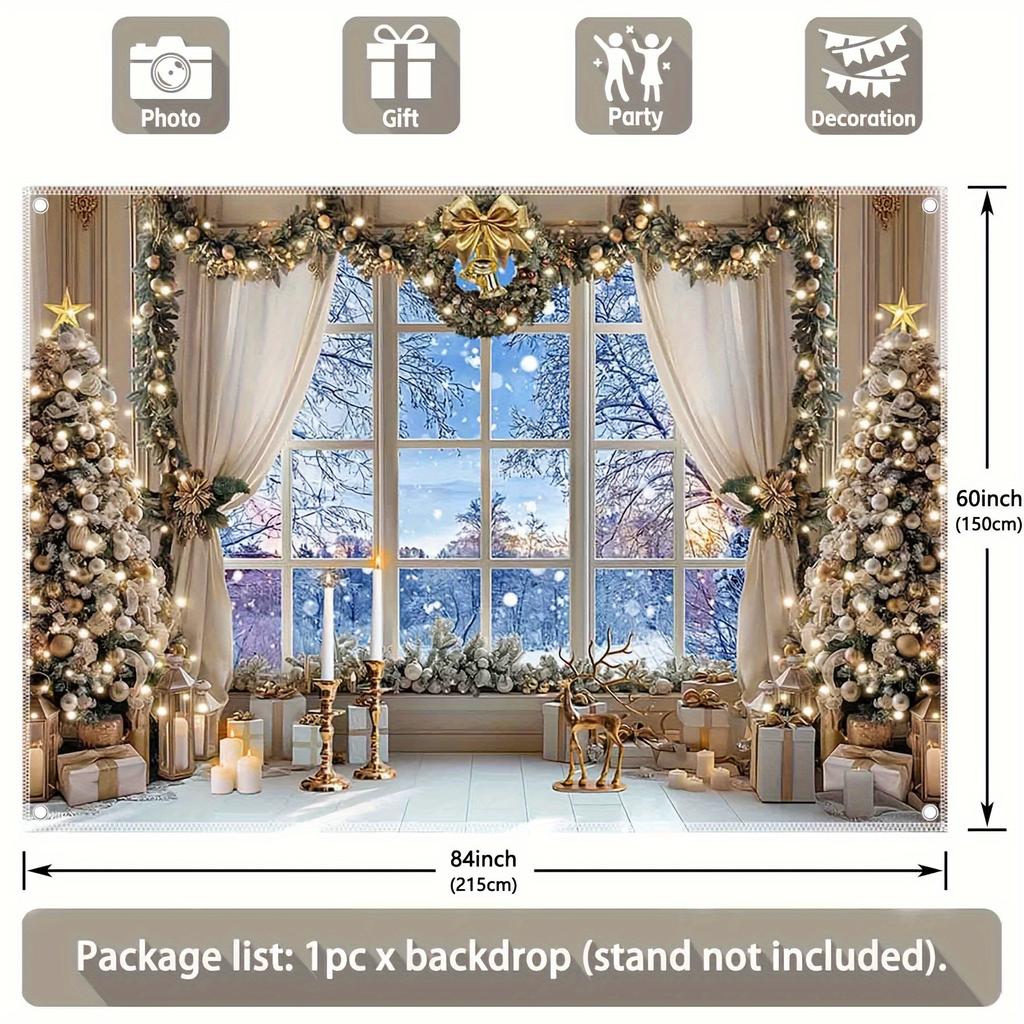 2D plane, 1pc winter snow scene Christmas photography background - polyester fiber, indoor/outdoor party decoration