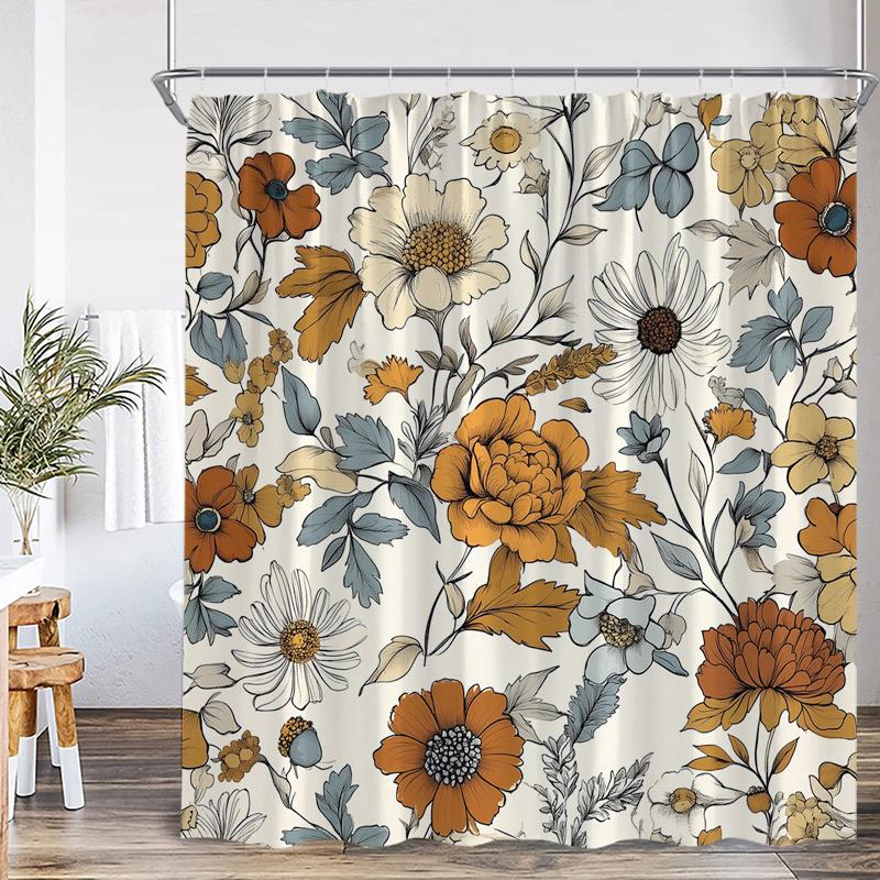 

Boho Floral Shower Curtains Abstract Vintage Flowers Botanical Leaves Modern Polyester Fabric Bathroom Curtain Decor With Hooks W60H190(CM)-1 Pcs