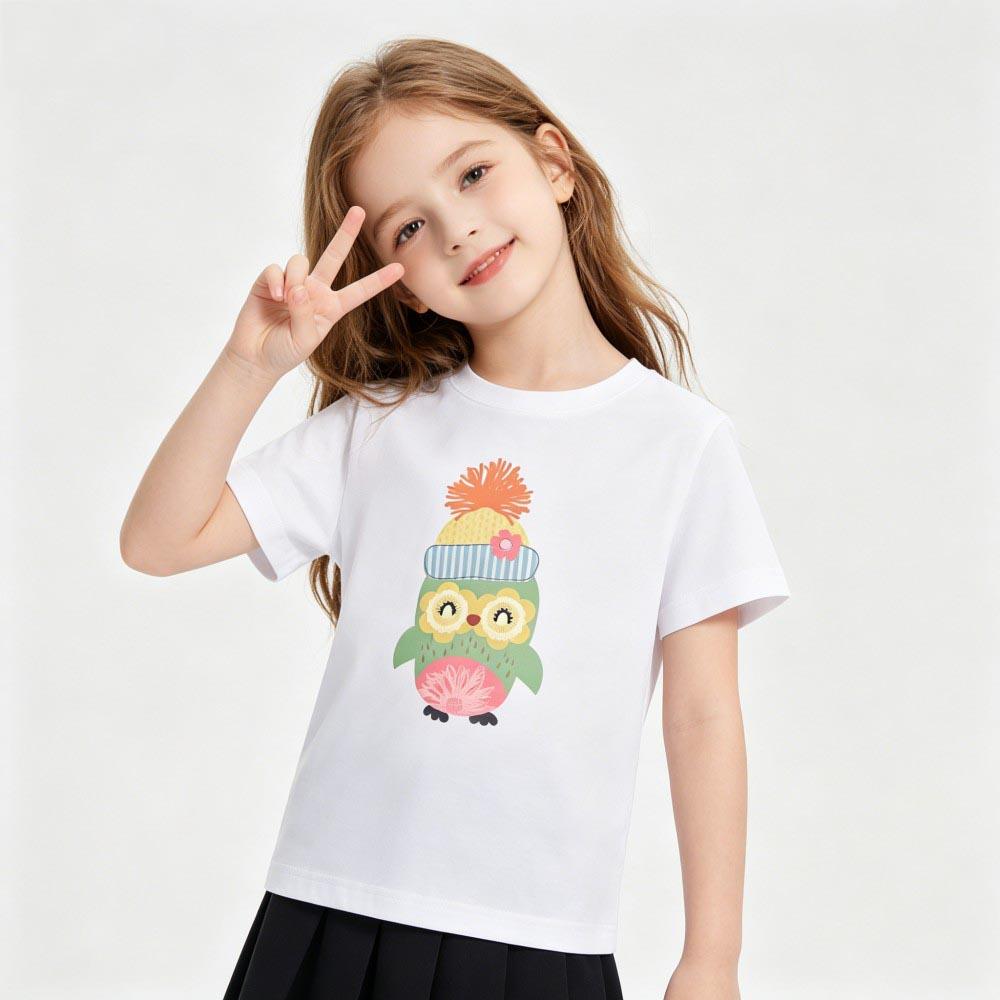 100% Cotton Girls' T-shirt Cute Cat and Penguin 2D Print Short-sleeved Casual Top for Children, Suitable for Both Boys and Girls