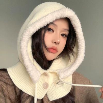 Fashion Balaclava Hat Solid Color Knitted Warm One Piece Scarf Cap Women's Winter Neck Protection Warm Hood Scarf Outdoor Hat