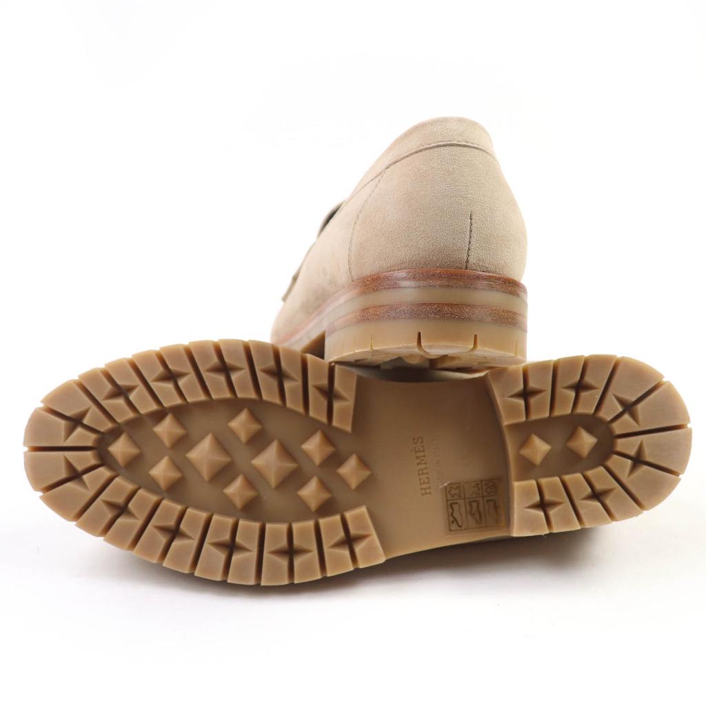 Hermes Lodičky, Mokasíny, Logo Faubourg H Kovová béžová Semišová kůže Dámské 35 Použité
