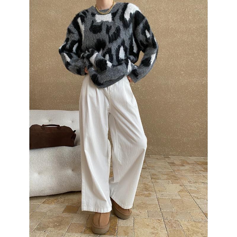 

Sinan Medieval Lazy Style Леопардовый принт Свободный тонкий вязаный свитер SN6769 One Size серый