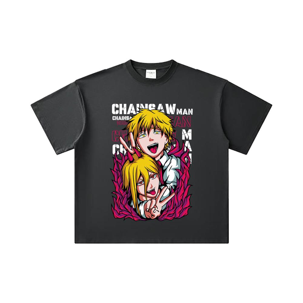 260 GSM Double Yarn 32 Count 100% Cotton Chainsaw Man V39 Denji Power Print Unisex Heavy Cotton T Shirt