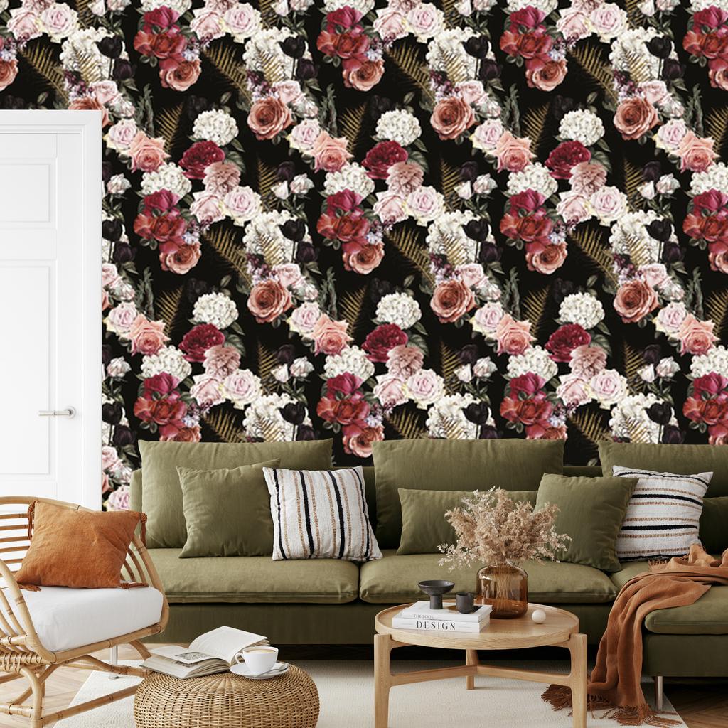Roses and Fern Leaves Wallpaper for Living Room and Bedroom 50x1000