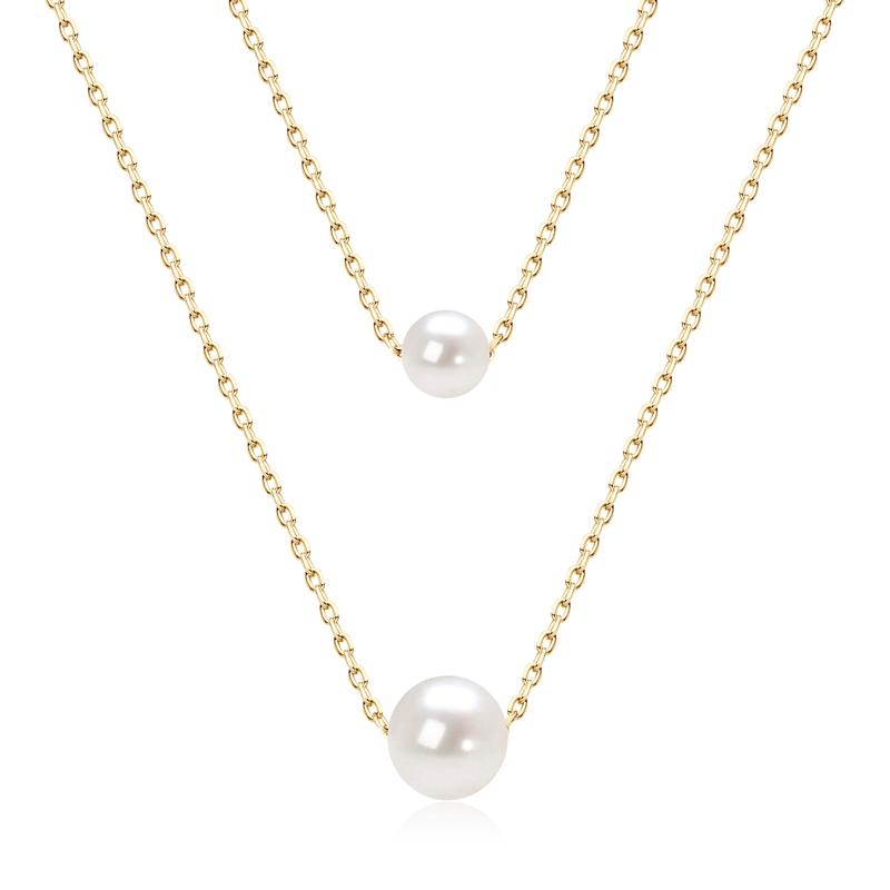 IOGOU 100% 925 Sterling Silver 5.5-6mm&8-8.5mm Round Natural Freshwater Pearl Double Layer Necklace for Women Wedding Jewelry