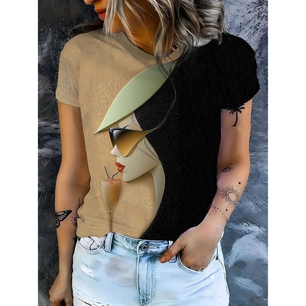 3D Printed T-Shirt for Women Artistic Facial Pattern T-Shirts Summer Fashion O-Neck Loose Tops Short Sleeve Tees Female Clothing