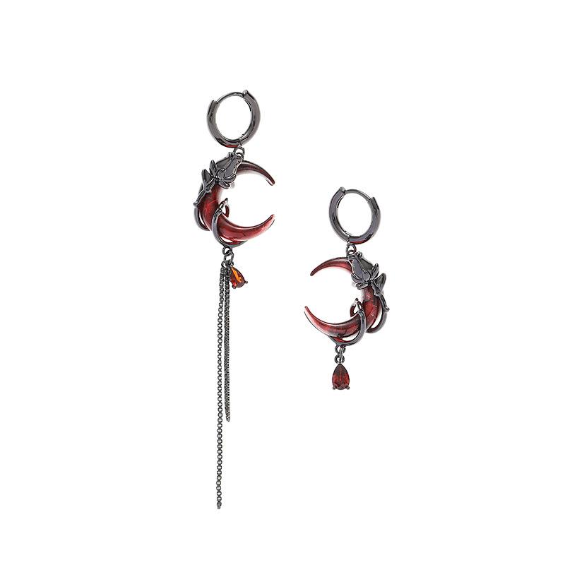 Red Crescent Asymmetrical Tassel Earrings, Niche Personality High-End Sweet And Cool Style Ear Accessories