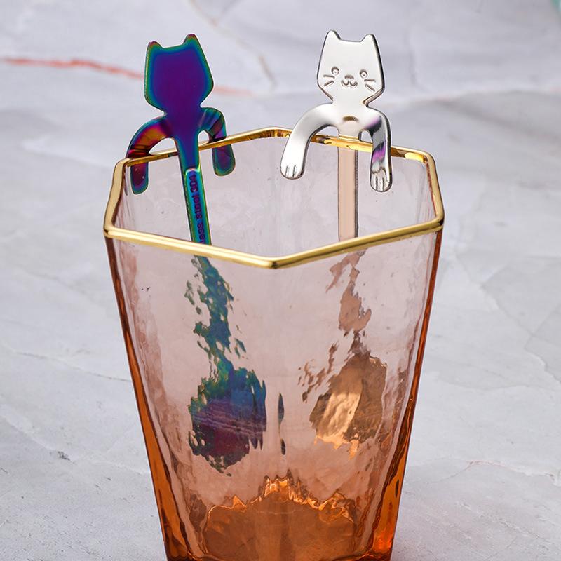 1PCS 304 Stainless Steel Cat Spoon Creative Cartoon Hanging Edge Spoon Cute Coffee Spoon Gold-plated Stirring Spoon