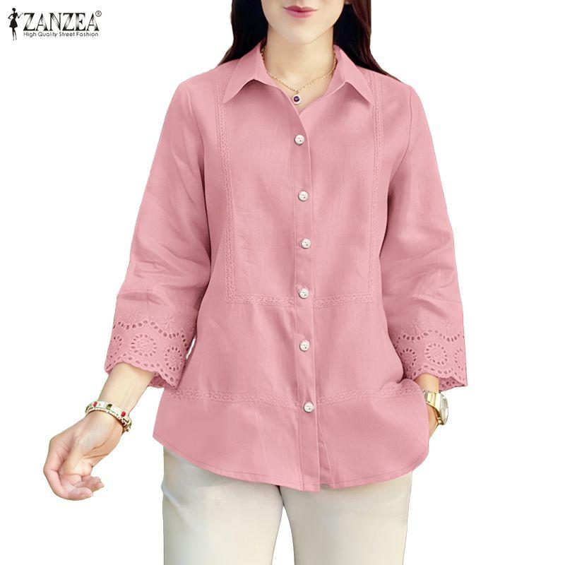 ZANZEA Women Casual Turn Down Collar Loose 3/4 Sleeve Splice Blouse