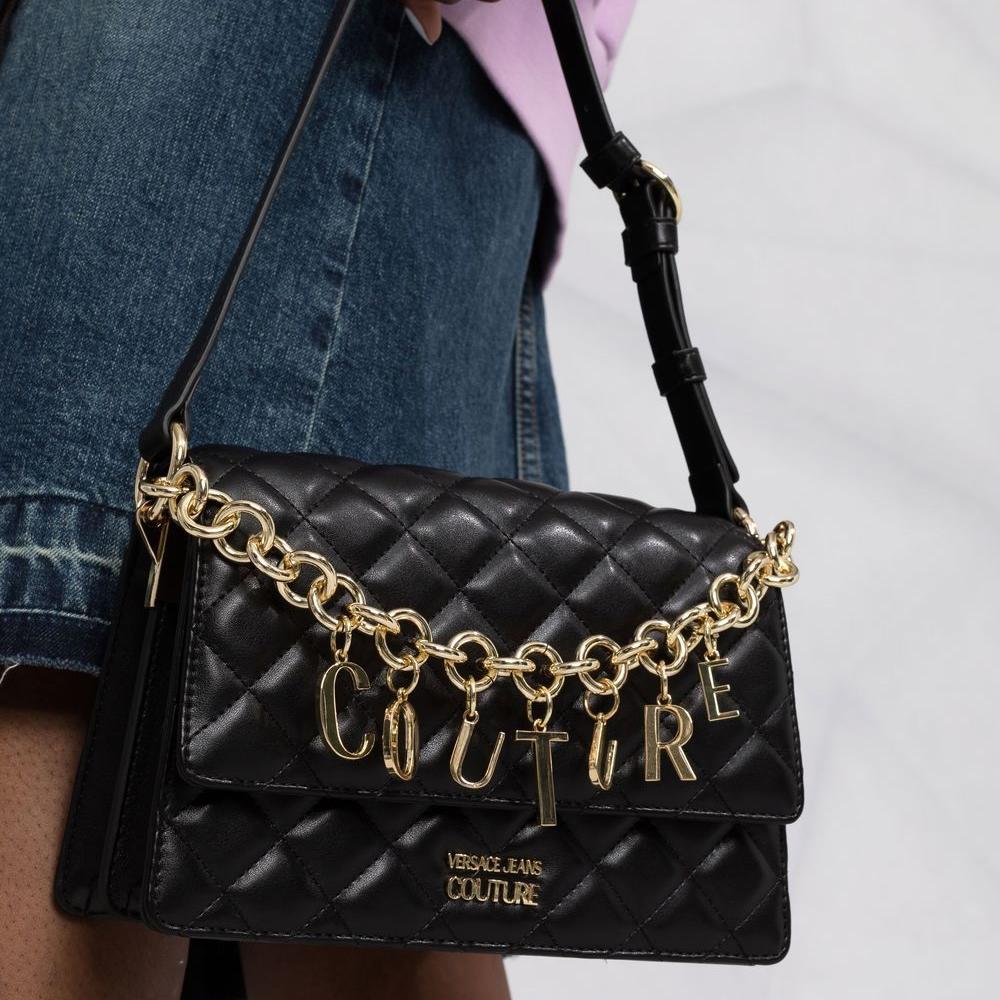 Versace Jeans Couture Vintage Quilted Chain Letter Logo Pendant Tote Shoulder Bag Women bags Black 73VA4BC4-ZS409-899