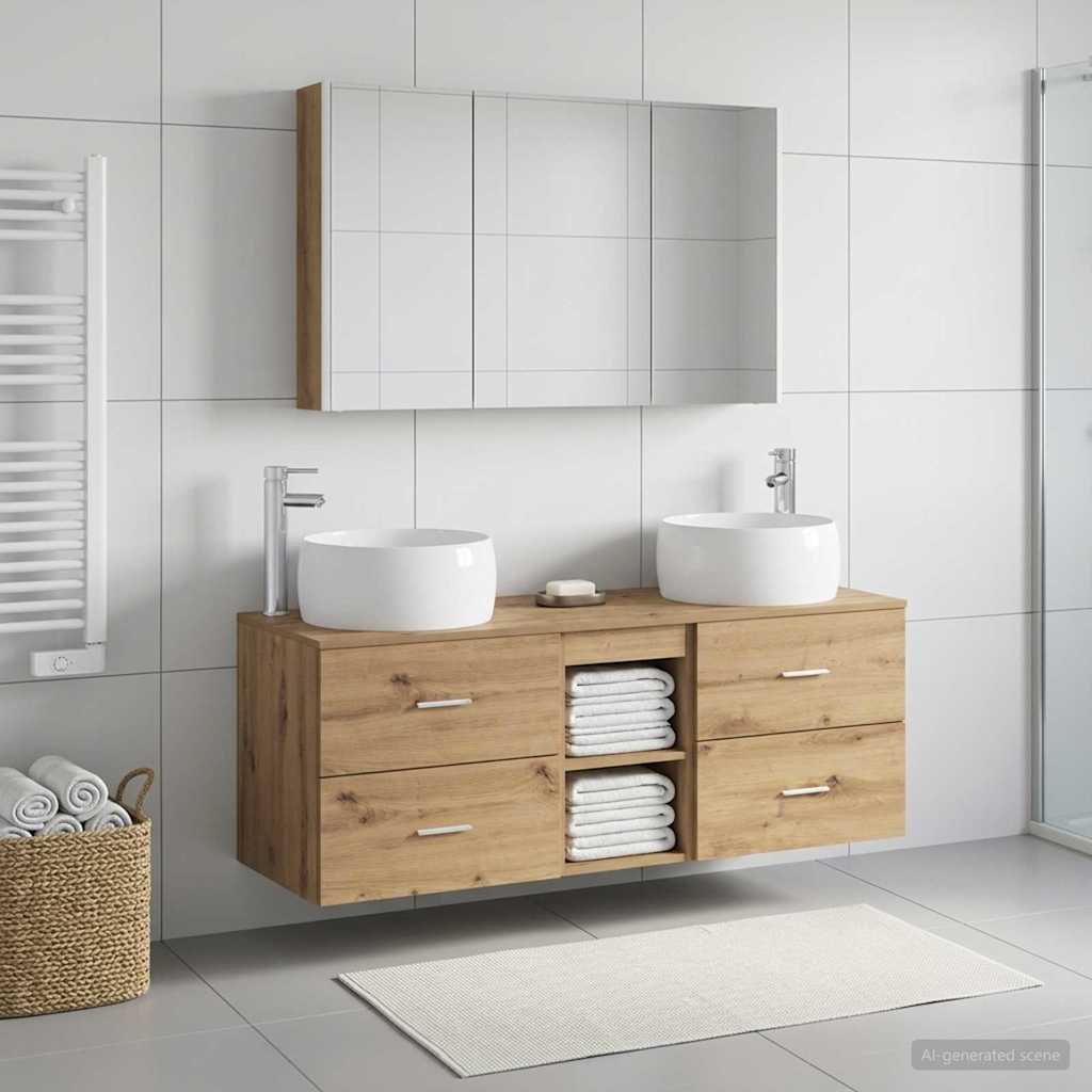 Bathroom Furniture Set 4 Pcs Artisan Oak Engineered Wood and Glass