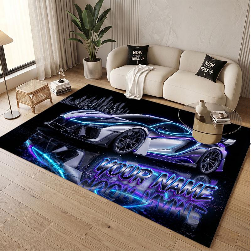 Auto-Rennsport-Thema Weicher Kristall-Samt Teppich Benutzerdefinierter Name & Text Druck Rutschfester Boden Teppich für Schlafzimmer Wohnzimmer