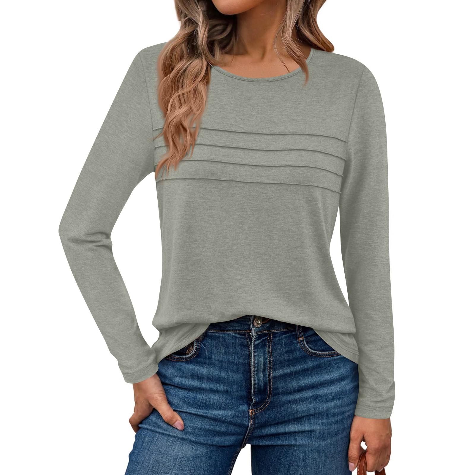 

Блузки с длинным рукавом для женщин, плиссированные, однотонные, повседневные, модные базовые топы с круглым вырезом XXL