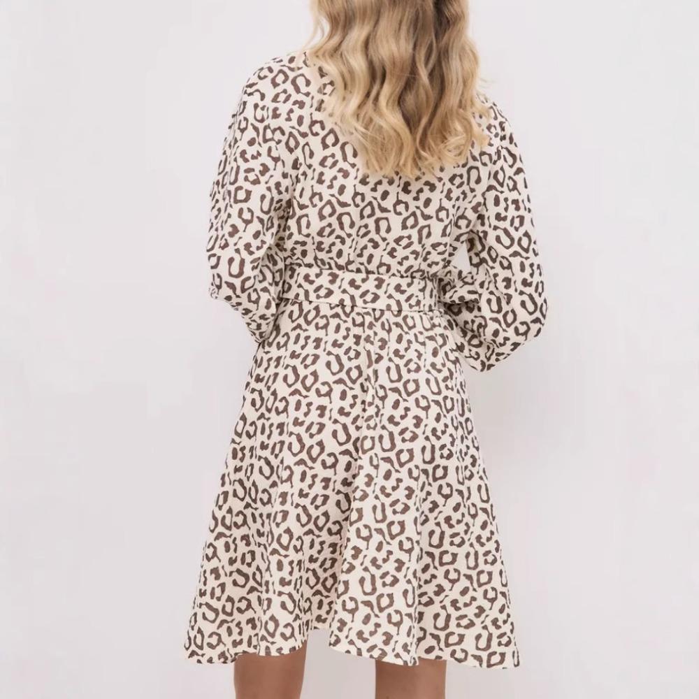 Abito lungo con stampa leopardata in cotone europeo e americano, sciolto, con lacci, a maniche lunghe, abbigliamento donna
