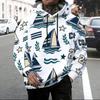 Herren Plus Size Weißes Segelboot Aufdruck Langarm Kordelzug Hoodie Kängurutasche Pullover