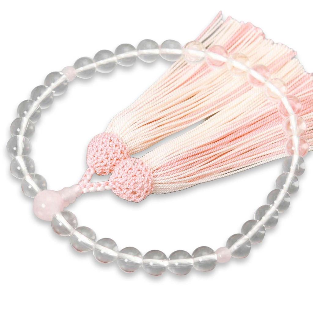 Women's Kyoto Buddhist Prayer Beads with Crystal Beads, Rose Quartz Beads, Silk Tassel, and Colorful Tassel. Suitable for all sects. Perfect for