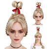 Women Wig Blonde with Red Bow Long Braids