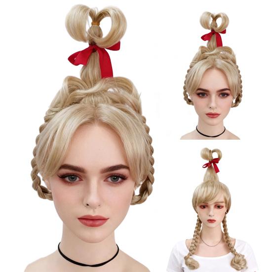 Women Wig Blonde with Red Bow Long Braids